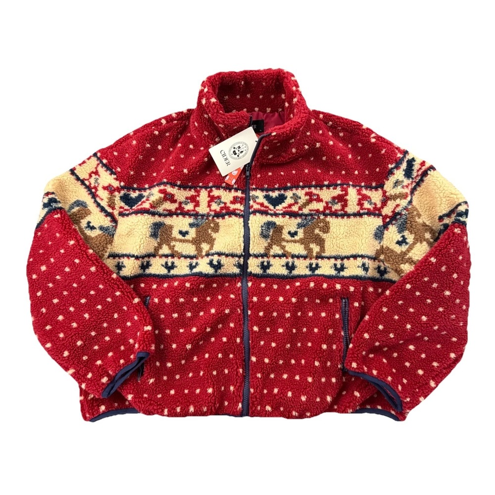 Cider Teddy Fleece Jacket XL Red Fair Isle Horse Print Zip Up NWT